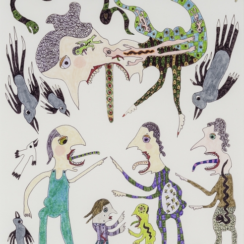 a drawing by self-taught artist Jeanne Brousseau of multiple fantastical figures and animals with open mouths and tongues sticking out