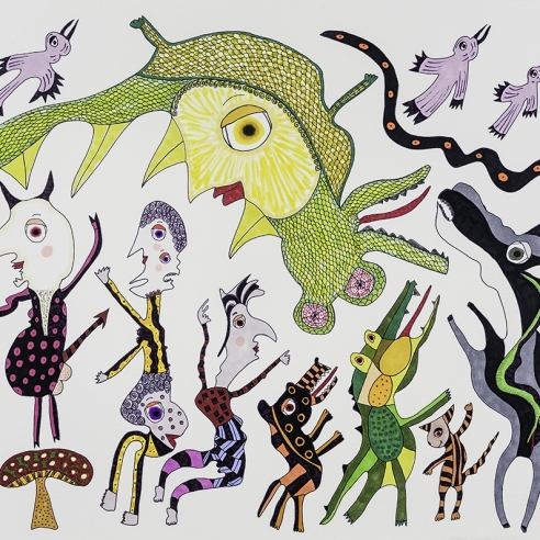 a drawing by self-taught artist Jeanne Brousseau of multiple fantastical figures and animals