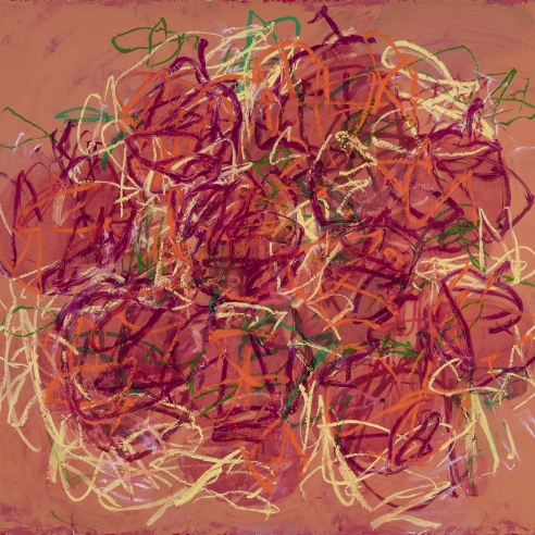 a very gestural painting of a bowl of cherries by Louisa Chase