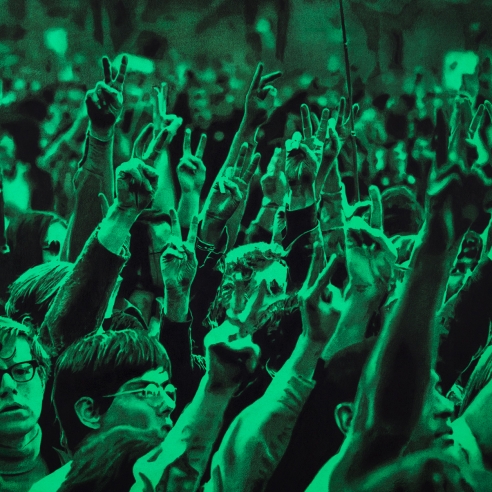 an electric green and black drawing of a crowd of protesters all making peace-signs with their hands 