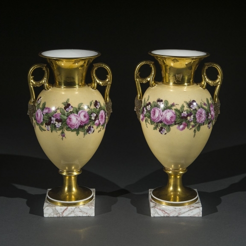 Pair “Old Paris” Porcelain Vases with Yellow Ground and Garlands of Flowers