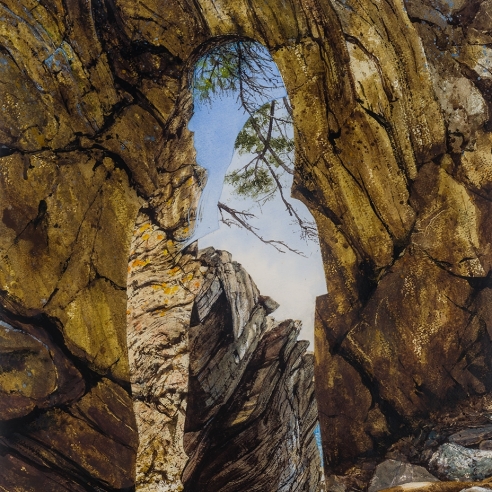 a watercolor painting by Colin Hunt of a silhouette's void in a landscape