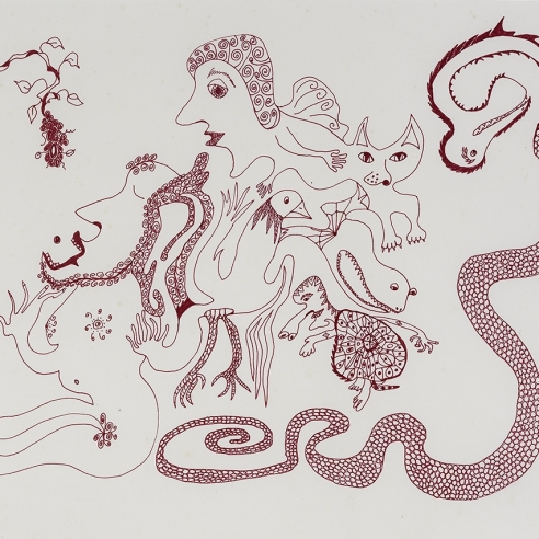 a fantastical drawing of a man and woman surrounded by animal hybrids by self-taught artist Jeanne Brousseau