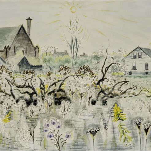 CHARLES EPHRAIM BURCHFIELD (1893–1967), "Cobwebs in Autumn," 1949. Watercolor on paper, 18 x 25 in. (detail).
