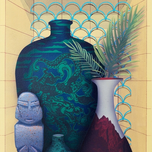 heavily patterned vases and a small totem sit in a recessed, yellow shelf in this painting by Robert Minervini