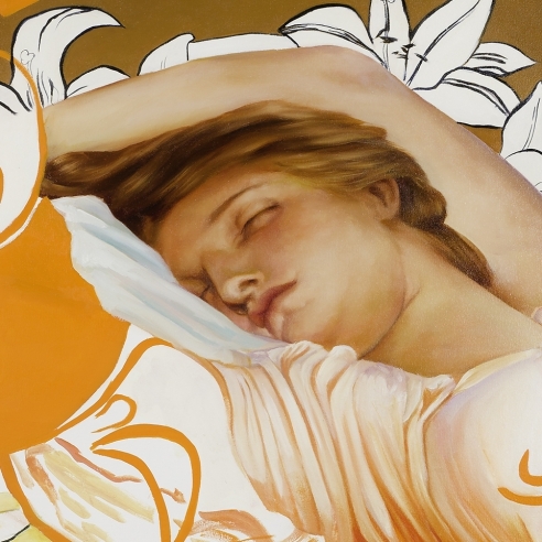 a woman sleeps in this painting by Angela Fraleigh