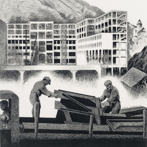 LOUIS LOZOWICK (1892–1973), "Construction," 1933. Carbon pencil and ink on paper, 14 x 10 3/4 in. (detail).