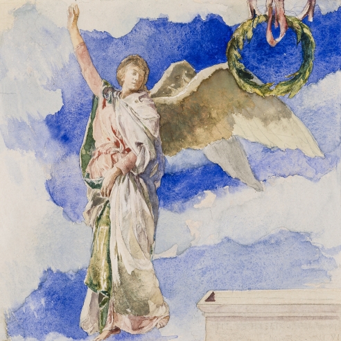 JOHN LA FARGE (1835–1910), "Study for 'The Angel at the Tomb'”, about 1889–90. Watercolor on paper, 7 7/8 x 7 7/8 in. (image) (detail).