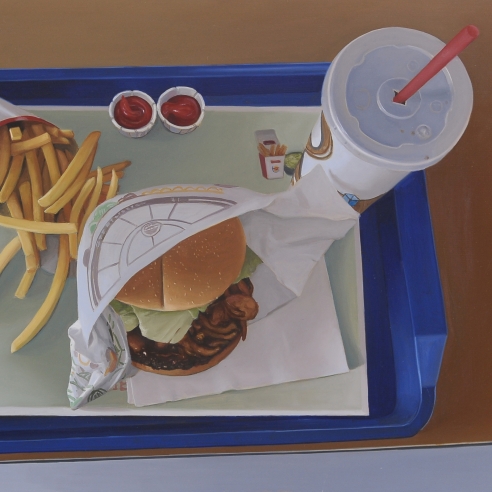 a highly realist painting by Marc Trujillo of fast food on a blue tray