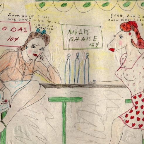 a drawing by self-taught artist Mary P. Corbett of two of her "The Catville Kids" at the Malt Shop; a young woman and a horse-faced woman