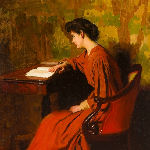 THOMAS ANSHUTZ (1851–1912), Woman Reading at a Desk, c. 1910. Oil on canvas, 26 x 24 in. (detail).