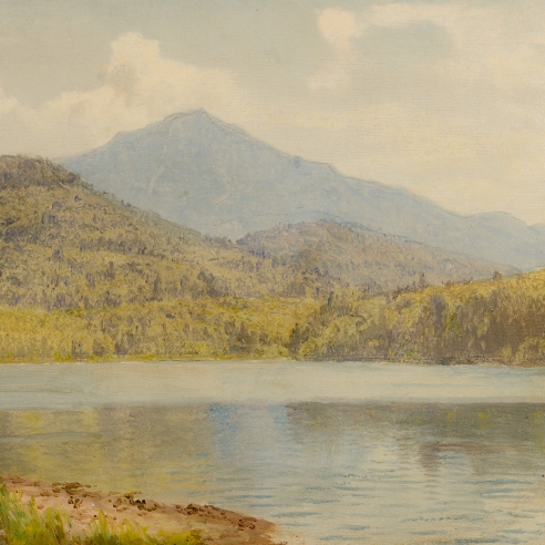 WILLIAM TROST RICHARDS (1833–1905), "Whiteface and the Eagles’ Eyrie, Lake Placid," 1904. Oil on canvasboard, 9 1/2 x 15 1/2 in. (detail.)
