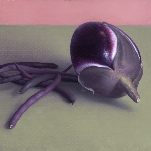 Image of Amy Weiskopf's "Eggplant and Purple Beans," Oil on linen, 7 by 9 inches, painted in 2018. 