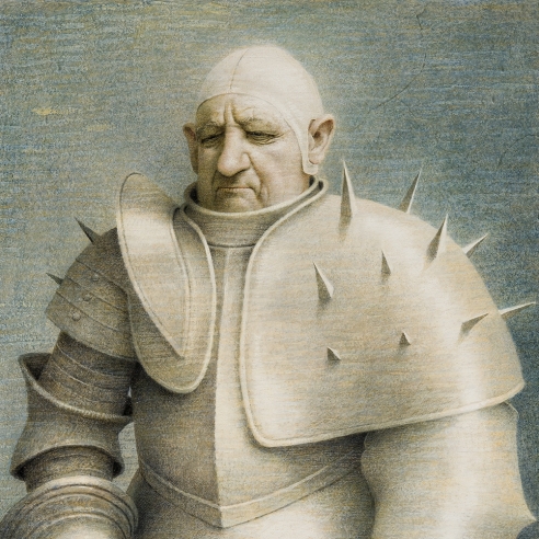 ROBERT VICKREY (1926–2011), "Clown in Armor," 1961. Egg tempera on gessoed panel, 33 1/2 x 23 7/8 in. Detail.