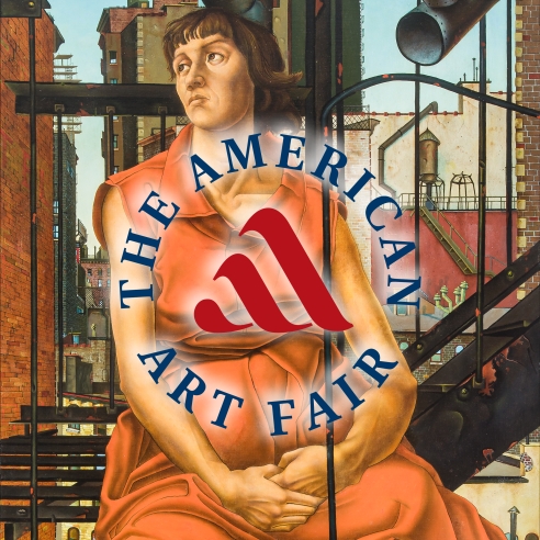 JULES KIRSCHENBAUM (1930–2000), "Without the Hope of Dreams," 1953. Oil on canvas, 84 1/8 x 36 1/8 in. (detail); with circular logo of The American Art Fair overlaid on it.