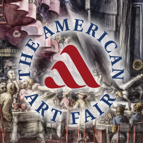 REGINALD MARSH (1898–1954), "Cabaret," 1938. Tempera and pencil on gessoed panel, 35 3/4 x 23 3/4 in. with overlay of round logo for The American Art Fair.