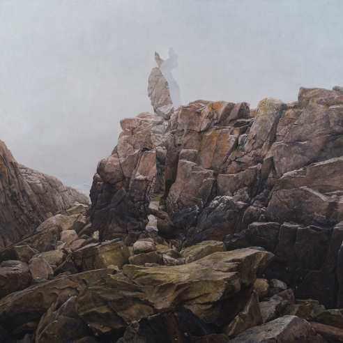 an egg tempera painting by Colin Hunt of a silhouette's void hovering over a rocky landscape
