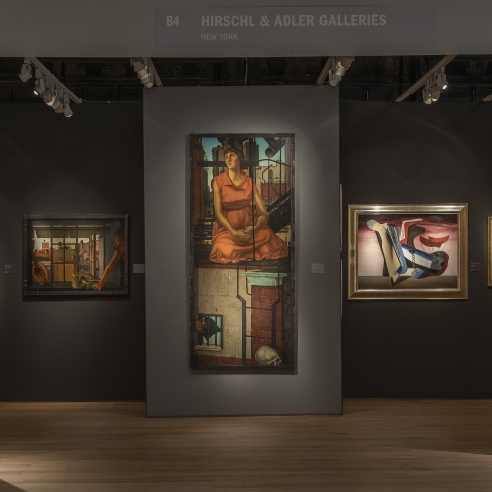 Hirschl & Adler Galleries' booth installation at The Art Show 2020, showing (left to right) Jules Kirschenbaum, "Young Woman at a Window"; Jules Kirschenbaum, "Beyond the Hope of Dreams"; and Charles Howard, "Bouquet"