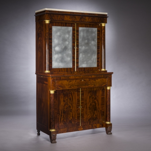 Cabinet with Mirrored Doors, about 1820. Attributed to Duncan Phyfe (1770–1854), New York. Mahogany, with ormolu capitals and bases, gilt-brass door moldings, keyhole liners, and knobs, marble, and mirror plate 78 5/8 in. high, 35 in. wide, 22 in. deep (overall).