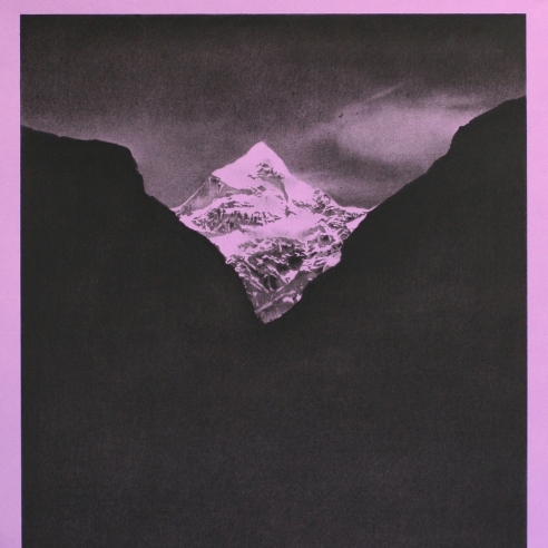 a drawing by Andy Mister of a mountain range on a hot purple background with a hot purple border