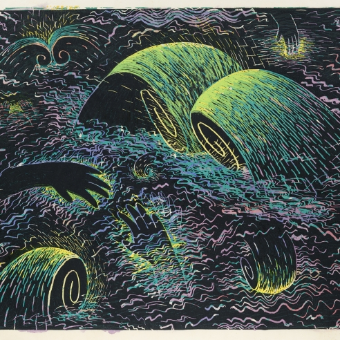 Image of Louisa Chase's Untitled (Black Sea) from 1983. Color woodcut with watercolor on Japanese fiber paper, 33 1/2 by 38 7/8 inches. 