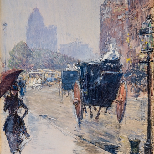 CHILDE HASSAM (1859–1935), "New York Street Scene (Rainy Day, New York)," 1892. Watercolor, gouache, and charcoal on paper, 15 x 10 1/4 in. (detail).