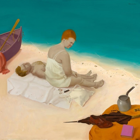 a surrealist painting by Honoré Sharrer of a man and woman at the beach with a tabletop arrangement of a pitcher, a shoe, an umbrella and a book in the corner