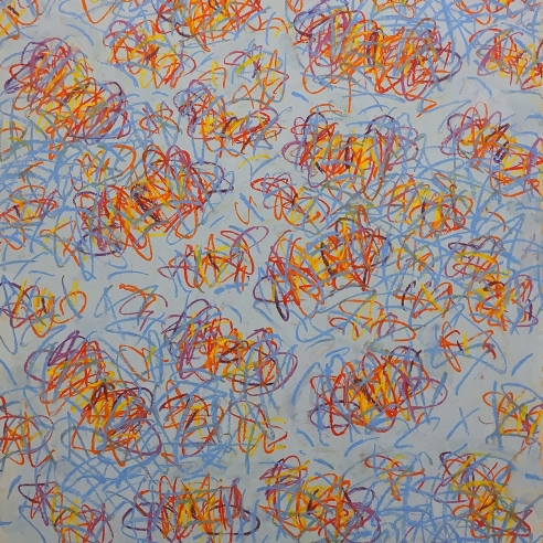 a gestural abstraction by Louisa Chase of butterflies on a pale blue background