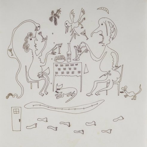 a fantastical drawing of a man and woman eating surrounded by animals by self-taught artist Jeanne Brousseau