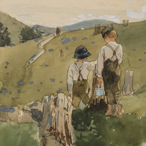 WINSLOW HOMER (1836–1910), "Boys on a Hillside," 1879. Watercolor, gouache, and pencil on paper, 8 1/8 x 11 1/2 in. (detail).