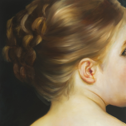 painting of the side of a woman's head with her hair in a bun with a dark-blue background
