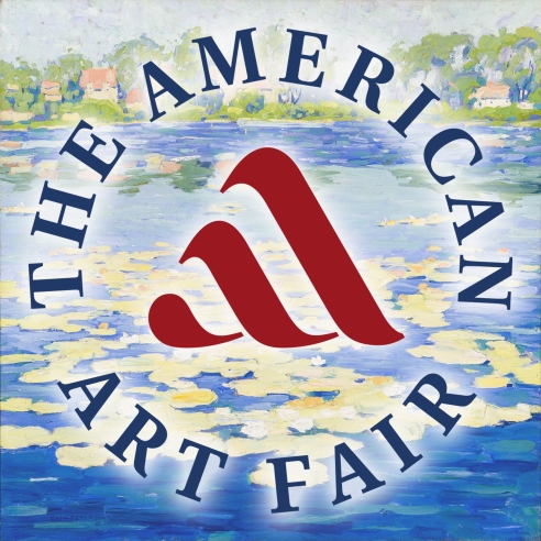 Jane Peterson, Niles Pond, Painted about 1916-20, Oil on canvas, 32 x 32 in., with overlay of round logo for The American Art Fair.