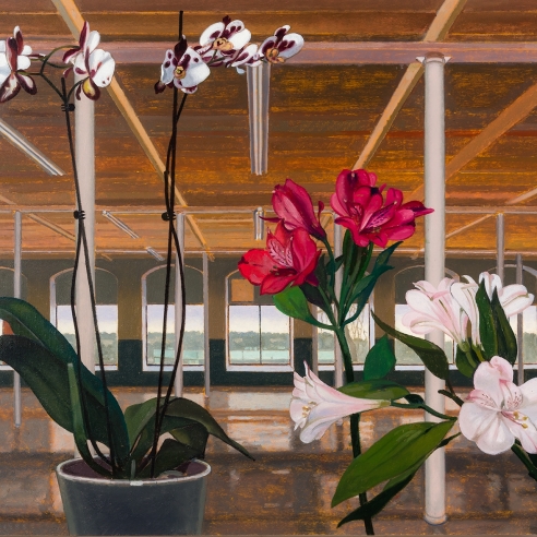 a painting by John Moore of orchids and lilies with an open, industrial loft as a background