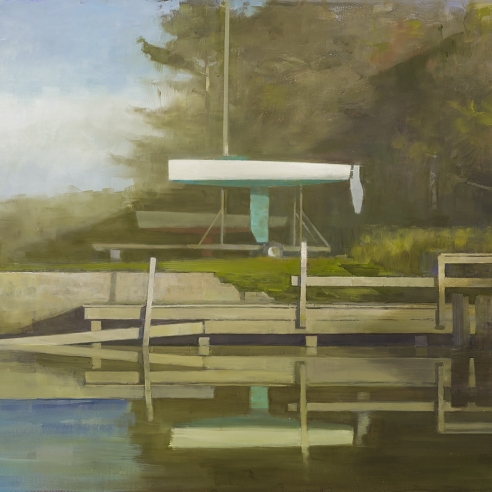 a painting of a boat on a trailer next to a dock