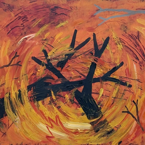 an expressionistic painting by Louisa Chase of two black trees in a swirl of fire