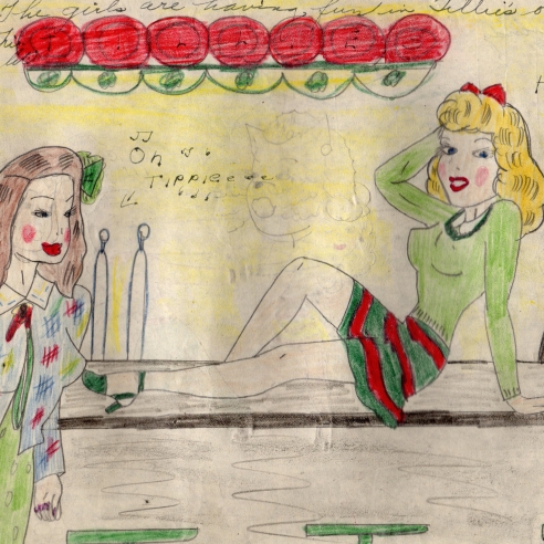 a drawing by self-taught artist Mary P. Corbett of two of her "The Catville Kids" at the Malt Shop, with one young woman posed on the countertop
