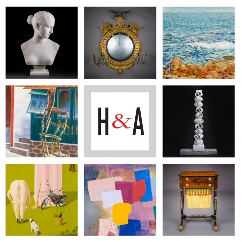 3 x 3 grid with square details (clockwise from upper left): Hiram Powers, "Bust of the Greek Slave;" American, probably Salem, Massachusetts, "Convex Girandole Mirror;" Childe Hassam, "Seascape: Isles of Shoals;" Elizabeth Turk, "Script: Column 9;" Thomas Seymour, Boston, "Work Table with Lyre Ends;" Robert Natkin, "Untitled, Hitchcock;" Honore Sharrer, "Roman Landscape;" O. Louis Guglielmi, "Tumblers." Center tile: square Hirschl & Adler logo with red ampersand.