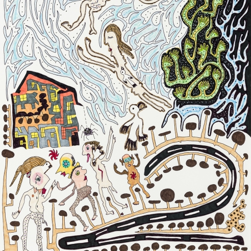 a fantastical drawing of figures on a road by self-taught artist Jeanne Brousseau