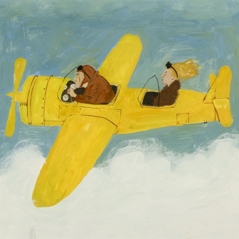 a work on paper by Honore Sharrer of a man and woman flying in a yellow airplane