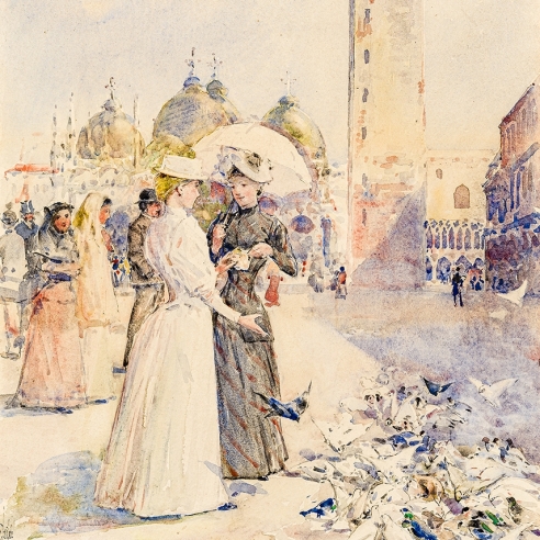 CHILDE HASSAM (1859–1935), Feeding the Pigeons in the Piazza, c. 1890–91. Watercolor on paper, 20 7/8 x 12 in. Detail of women feeding the pigeons own the plaza of San Marco, Venice.