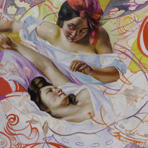 a painting by Angela Fraleigh of two women from various art historical sources waking in a complex tangle of Art Nouveau-patterned swirls