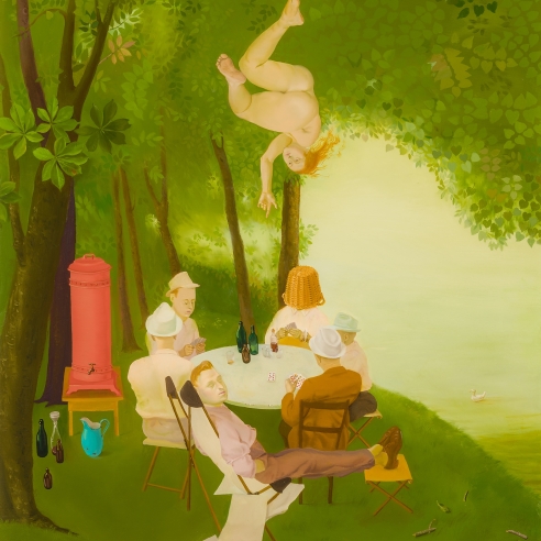 a surrealist painting by Honoré Sharrer of men playing poker by a riverside as a nude woman falls from the tree above them