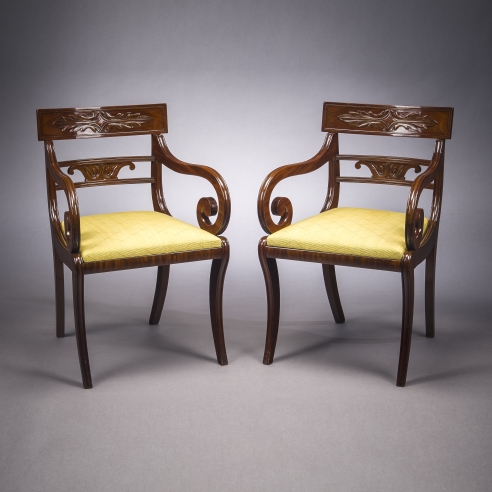 Pair Klismos-form Armchairs, about 1820. Attributed to Issac Vose & Son, Boston (active 1819–25). Mahogany, 32 1/16 in. high, 20 3/4 in. wide, 20 1/2 in. deep (overall).
