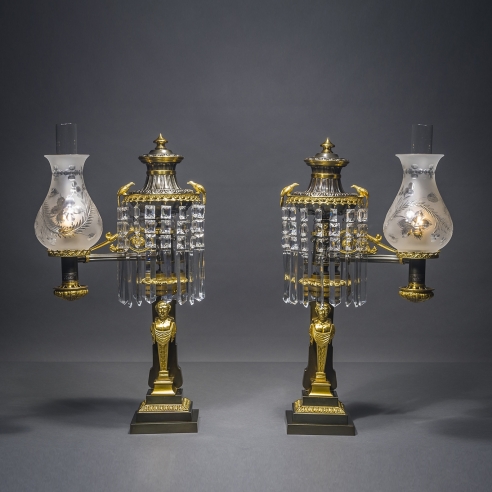 Pair Argand Lamps with Herm Figures