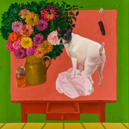 a complex, surrealist tabletop still life painting by Honoré Sharrer featuring a dog, a pink napkin, flowers, bees and honey