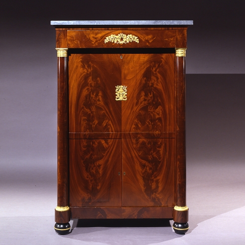 Secrétaire à Abattant, about 1820–25. Attributed to Thomas Emmons and George Archbald, Boston (active together 1814–25). Mahogany and bird’s eye maple, with ormolu mounts, die-rolled gilt-brass moldings filled with lead, marble, mirror plate, and leather, variously blind-stamped and gilded, 57 3/16 in. high, 37 1/4 in. wide, 19 3/4 in. deep
