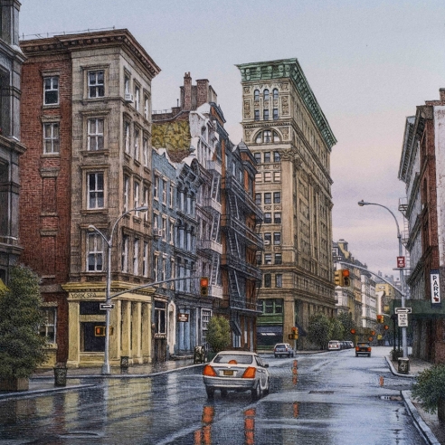 watercolor painting of Broome Street in New York City in the rain