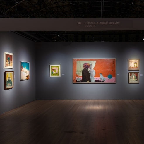 installation view of paintings by Honoré Sharrer as part of Hirschl & Adler Modern's booth at the 2021 ADAA The Art Show