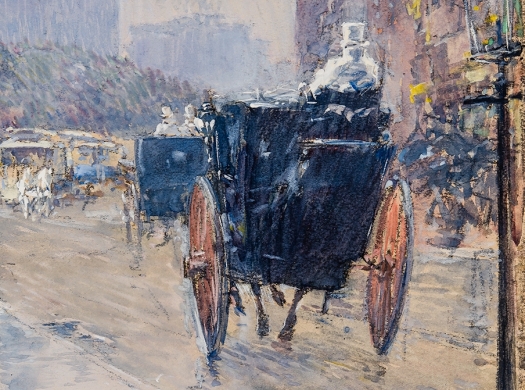Entrance portal to Hirschl & Adler Galleries inventory, featuring a detail of a watercolor by Childe Hassam (1859–1935), "Rainy Day, New York" (1892, watercolor on paper, 15 x 10 1/4 in.).