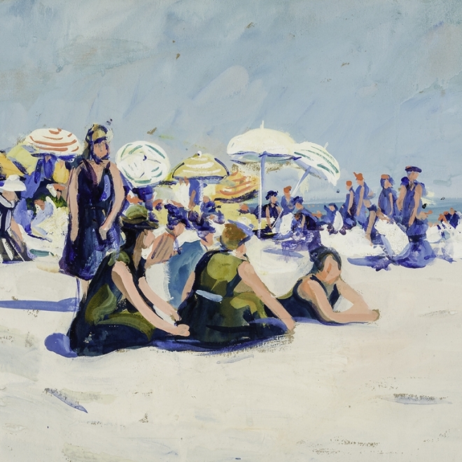 JANE PETERSON (1876–1965), "The Beach, Gloucester," about 1915–16. Gouache on paper, 18 x 24 in. Detail.